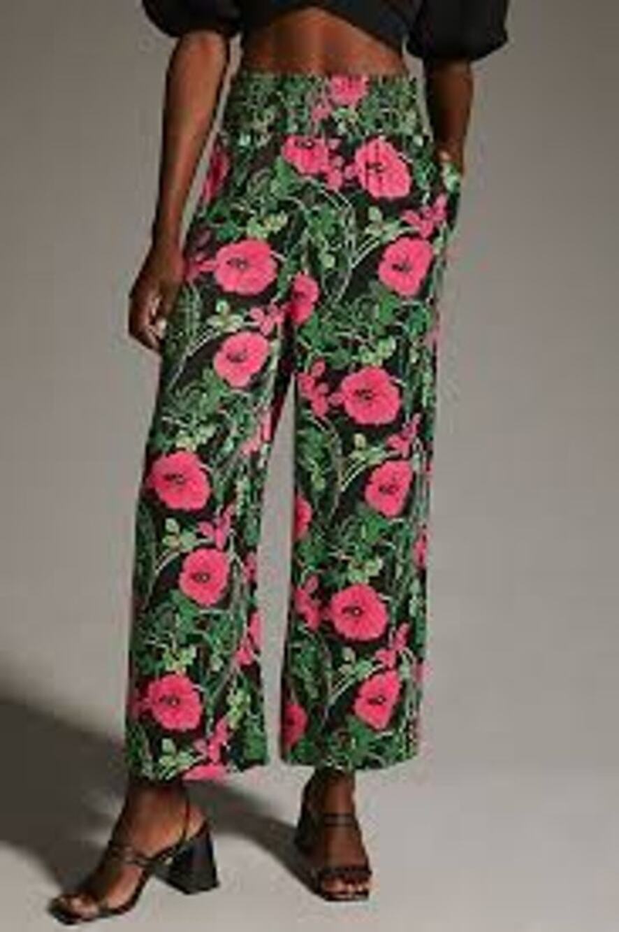 Anthropologie Maeve Saria Smocked Wide-Leg Pants Floral Pink Green Black Size L